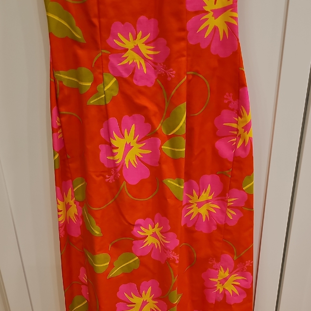 Vintage Halihini Hawaiian Sleeveless Orange Floral Maxi Dress Pink Blooms Sz 10 - Picture 4 of 9